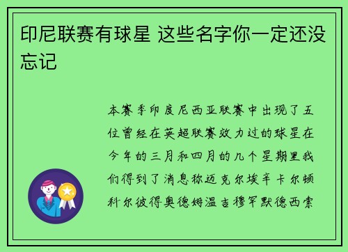 印尼联赛有球星 这些名字你一定还没忘记