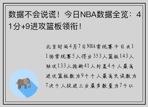 数据不会说谎！今日NBA数据全览：41分+9进攻篮板领衔！